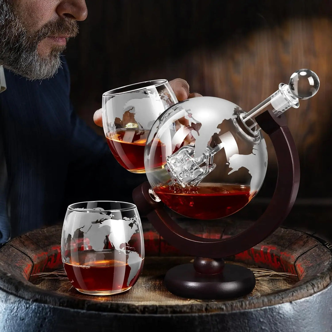 Glass Whiskey Decanter Set with Wooden Stand Etched World Ball Design | Stornfield