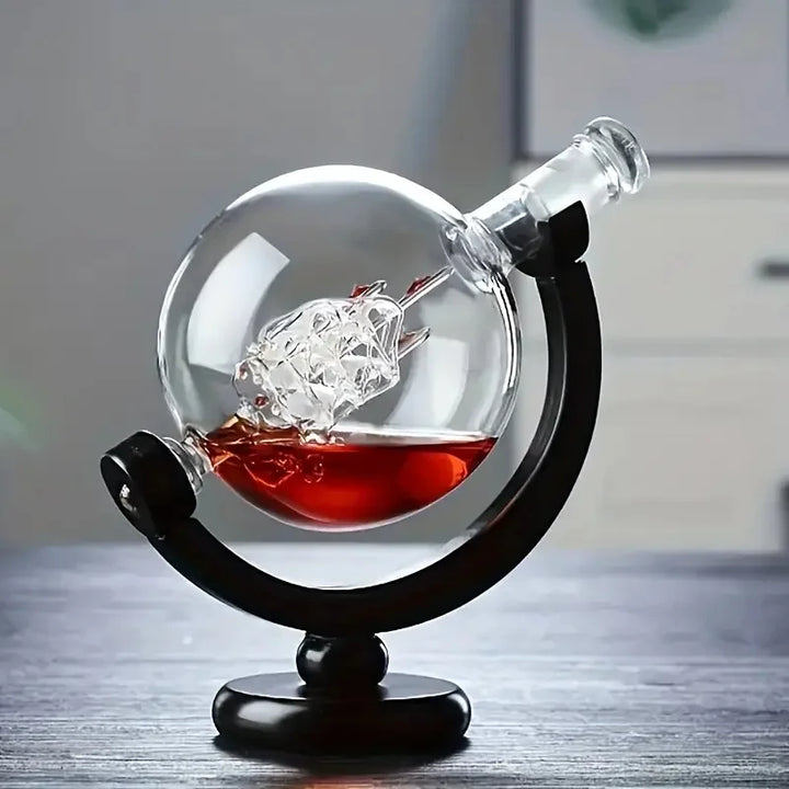 Glass Whiskey Decanter Set with Wooden Stand Etched World Ball Design | Stornfield