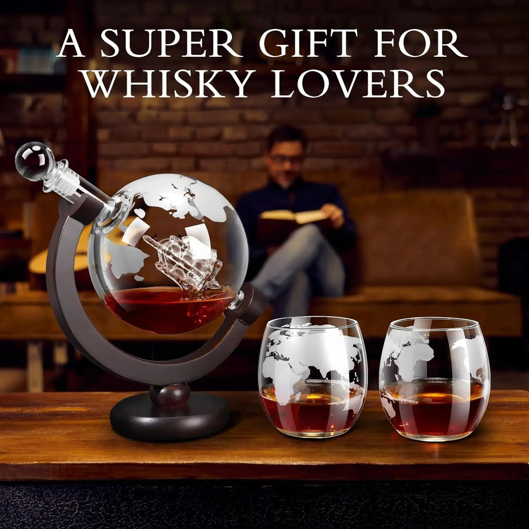 Glass Whiskey Decanter Set with Wooden Stand Etched World Ball Design | Stornfield