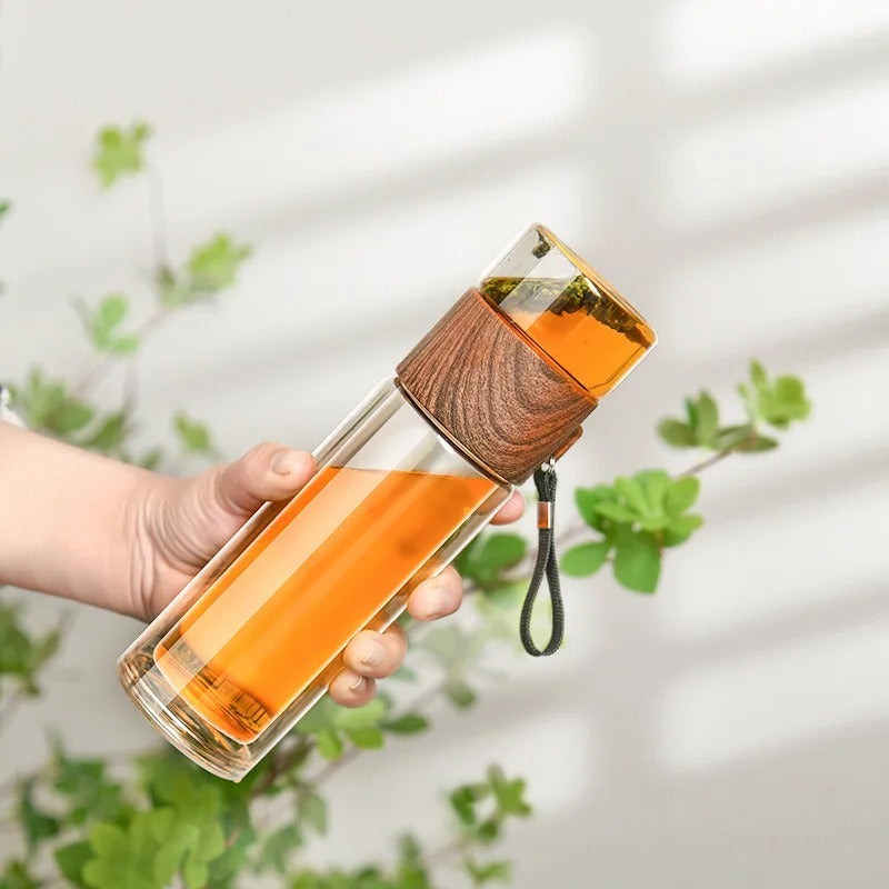 Thermal bottle with tea filter – Glass & Wood – Double-walled – 500 ml – ClearTherm | Stornfield