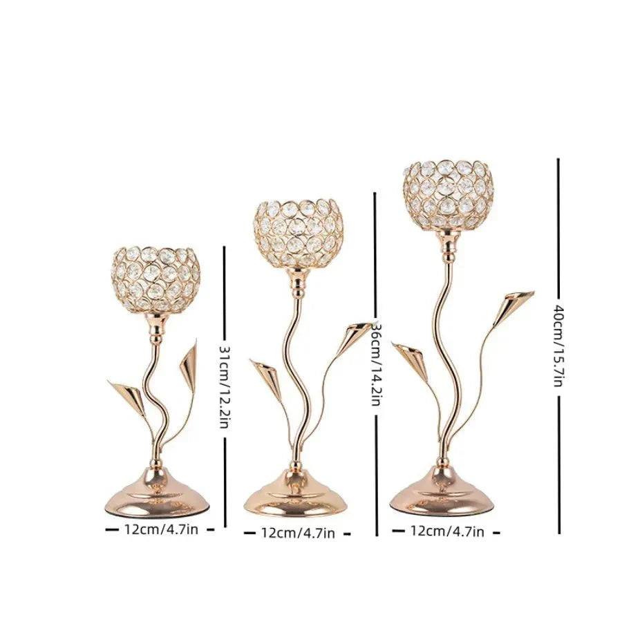 Golden Crystal Flower Shape Candlestick Holder Set - Metal Classic Design | Stornfield