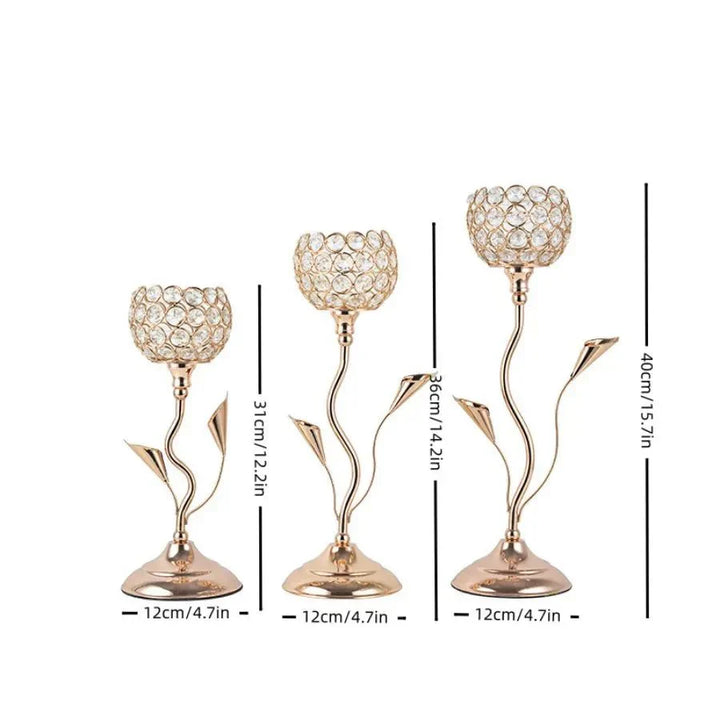 Golden Crystal Flower Shape Candlestick Holder Set - Metal Classic Design | Stornfield