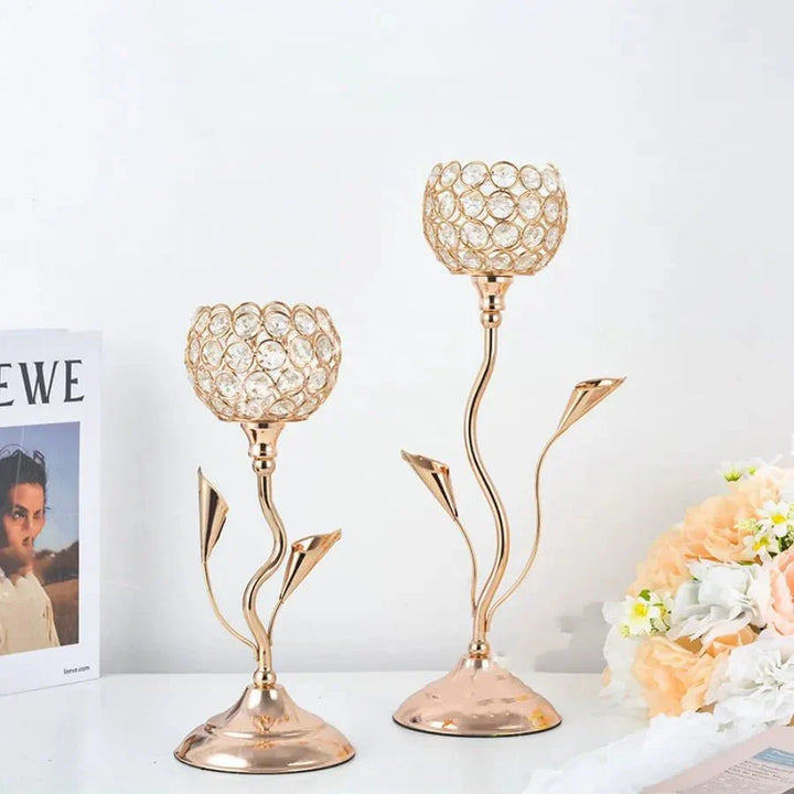 Golden Crystal Flower Shape Candlestick Holder Set - Metal Classic Design | Stornfield