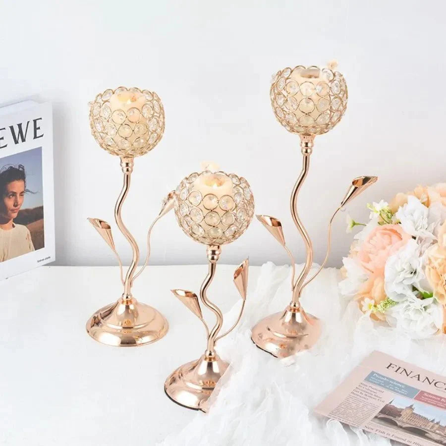 Golden Crystal Flower Shape Candlestick Holder Set - Metal Classic Design | Stornfield