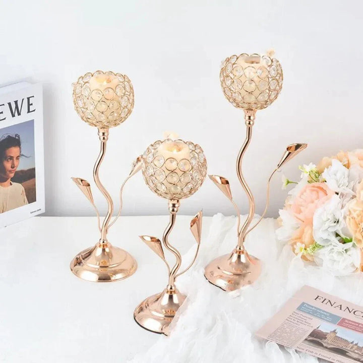 Golden Crystal Flower Shape Candlestick Holder Set - Metal Classic Design | Stornfield