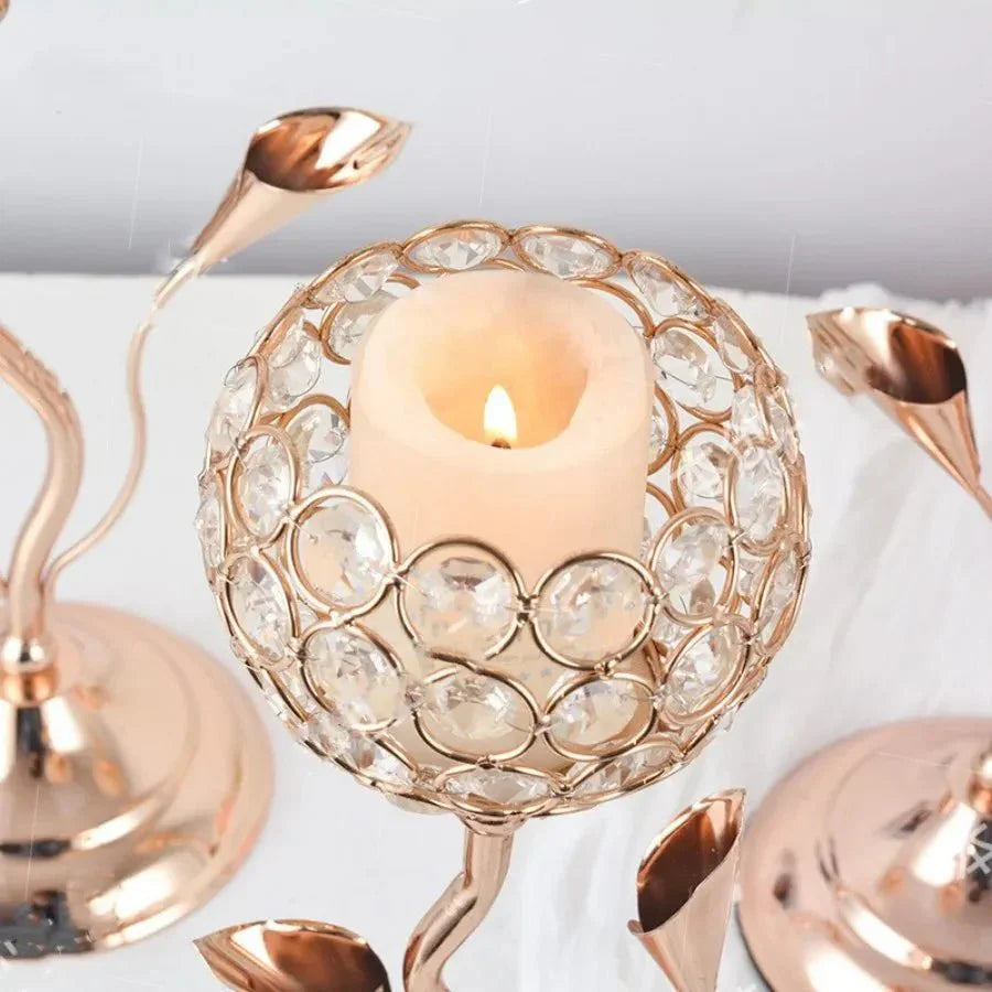 Golden Crystal Flower Shape Candlestick Holder Set - Metal Classic Design | Stornfield