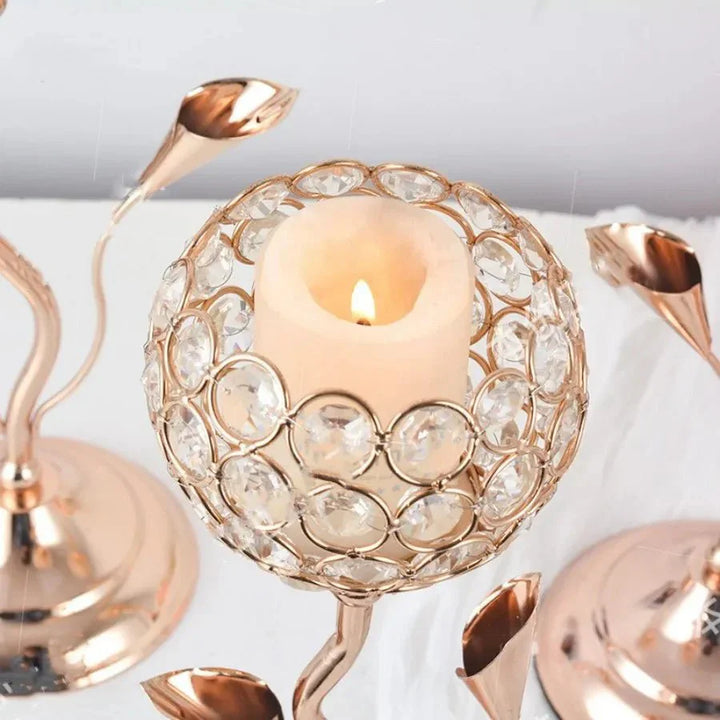 Golden Crystal Flower Shape Candlestick Holder Set - Metal Classic Design | Stornfield