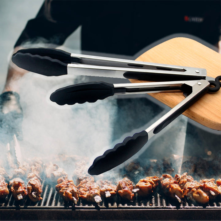 Silicone and stainless steel grill tongs - 23/30 cm - White / Black | Stornfield