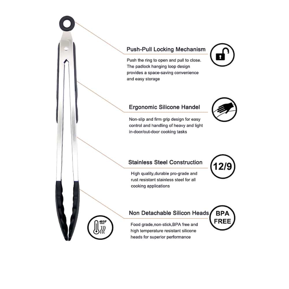 Silicone and stainless steel grill tongs - 23/30 cm - White / Black | Stornfield