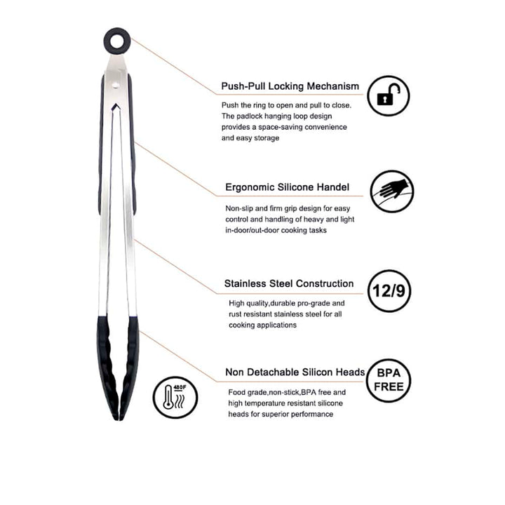 Silicone and stainless steel grill tongs - 23/30 cm - White / Black | Stornfield