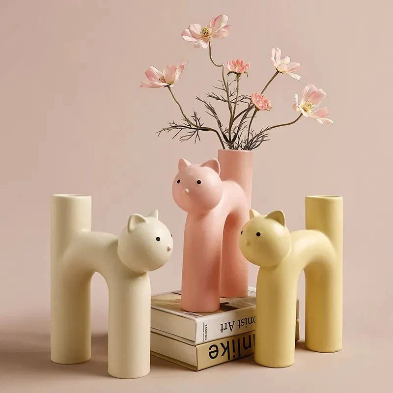 H-Shaped Cat Vase Decoration - Modern Ceramic Tabletop Design | Stornfield