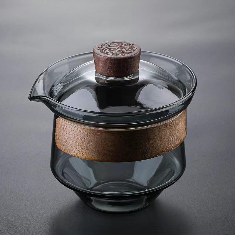 Elegant heat-resistant glass cup with walnut lid for tea lovers | Stornfield