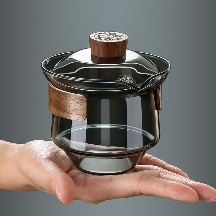 Elegant heat-resistant glass cup with walnut lid for tea lovers | Stornfield