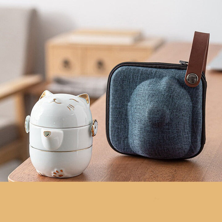 Stornfield | Lucky Cat Kuai Ke Ceramic Mug - Porcelain Tea Cup with Infuser and Lid, Portable Tea/Coffee Cup Set for Office, Travel, Teaware