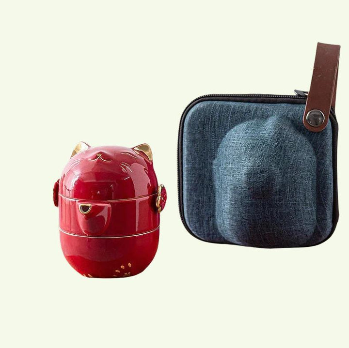 Stornfield | Lucky Cat Kuai Ke Ceramic Mug - Porcelain Tea Cup with Infuser and Lid, Portable Tea/Coffee Cup Set for Office, Travel, Teaware