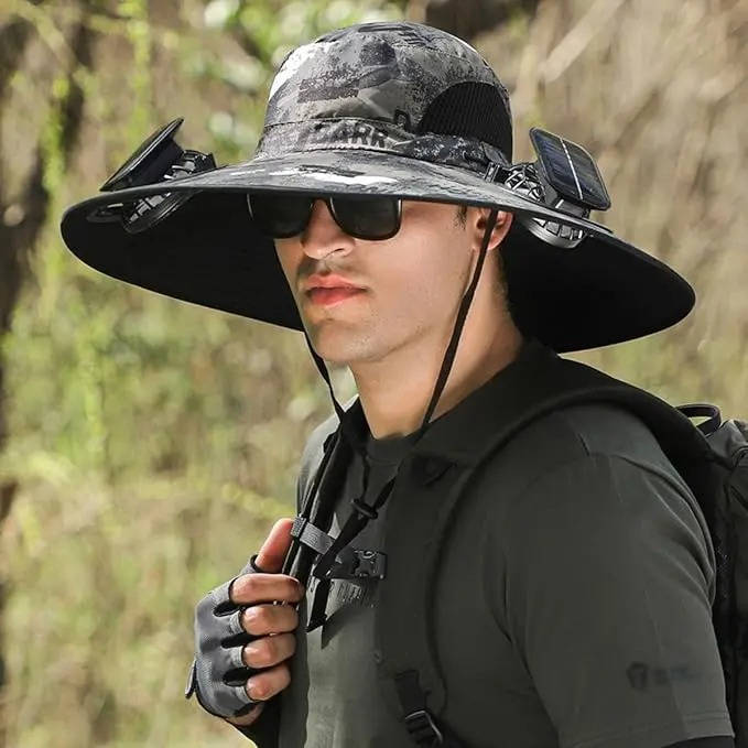 Outdoor Wide Brim Sun Hat with 2 Solar Fans, UV Protection for Men & Women, Cooling Hat for Camping & Hiking | Stornfield