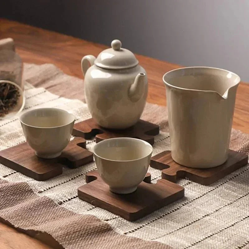Jigsaw Shape Walnut Wood Coaster Set - Rustic Charm Design | Stornfield