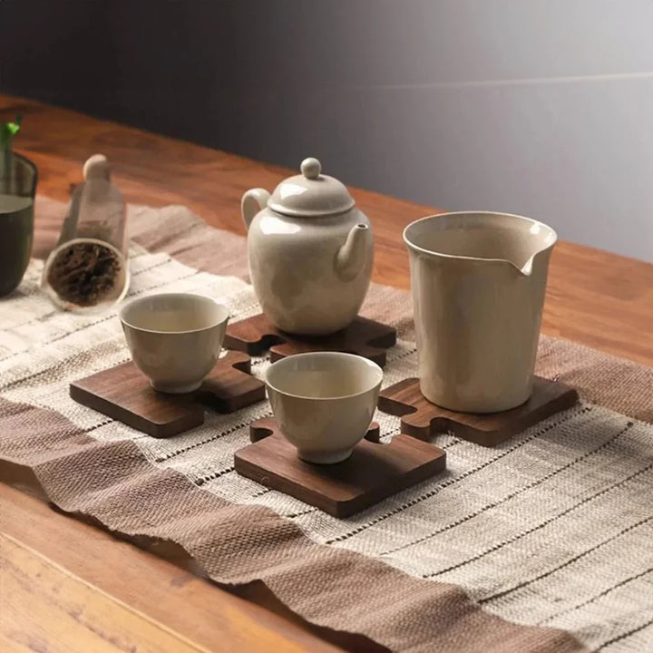 Jigsaw Shape Walnut Wood Coaster Set - Rustic Charm Design | Stornfield