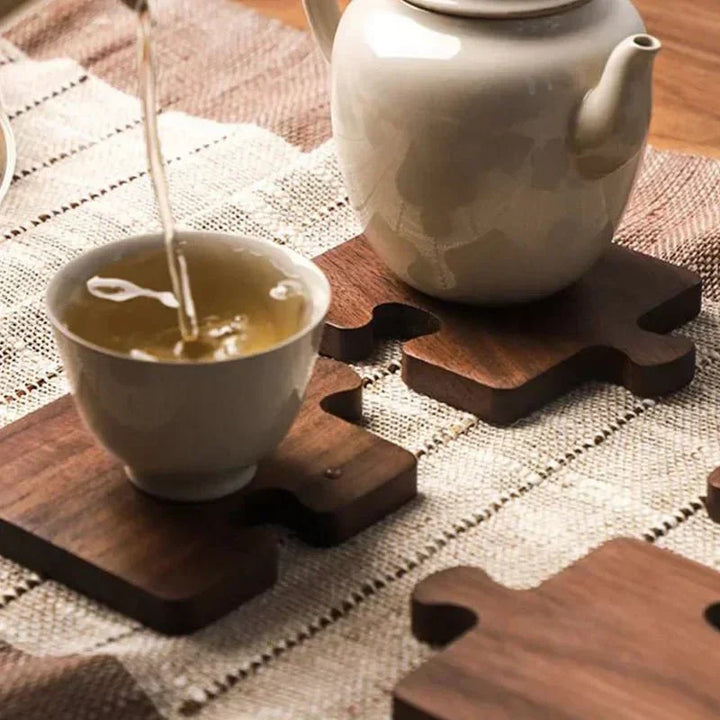 Jigsaw Shape Walnut Wood Coaster Set - Rustic Charm Design | Stornfield