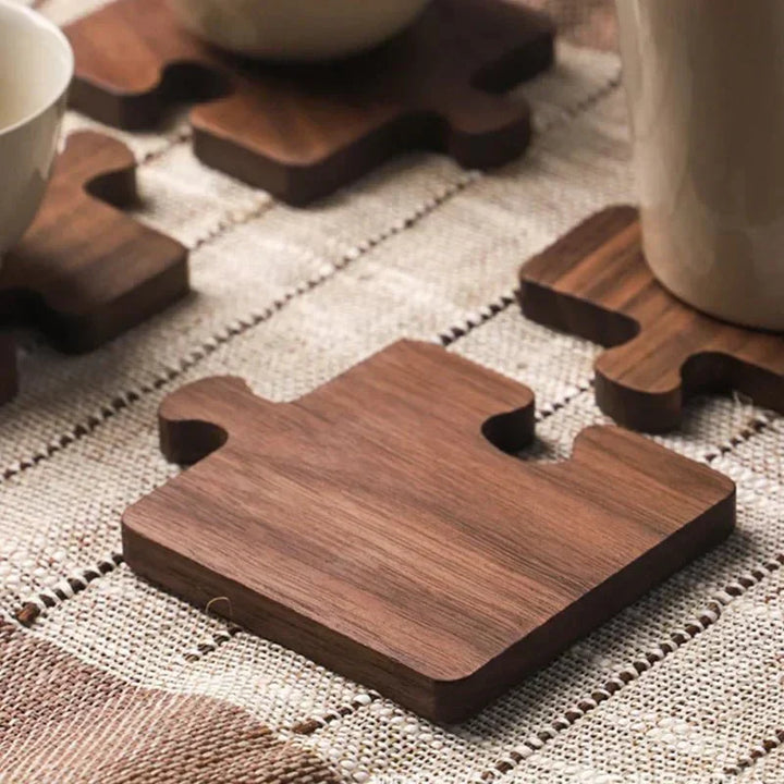 Jigsaw Shape Walnut Wood Coaster Set - Rustic Charm Design | Stornfield