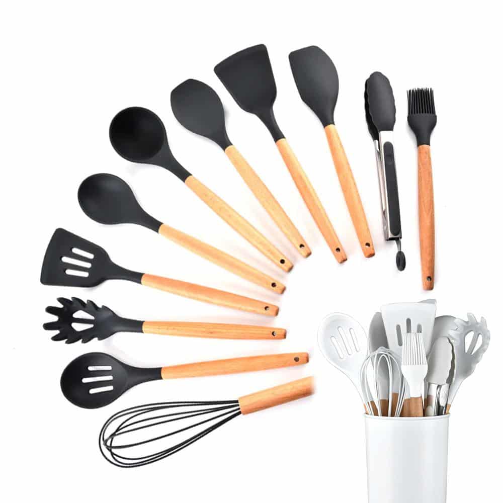 Kitchen set with 11 pieces in wood / silicone including holder (black or white) | Stornfield