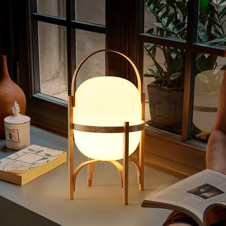 Japanese Wooden Bedside Lamp with Glass Stone Shade | Stornfield