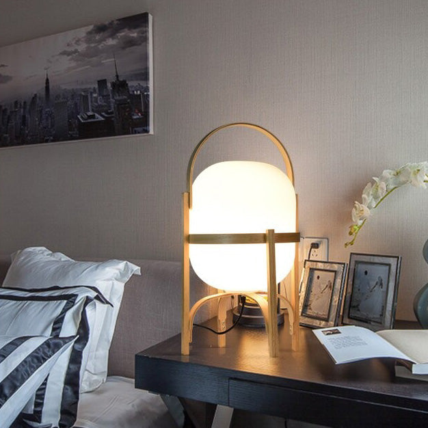 Japanese Wooden Bedside Lamp with Glass Stone Shade | Stornfield
