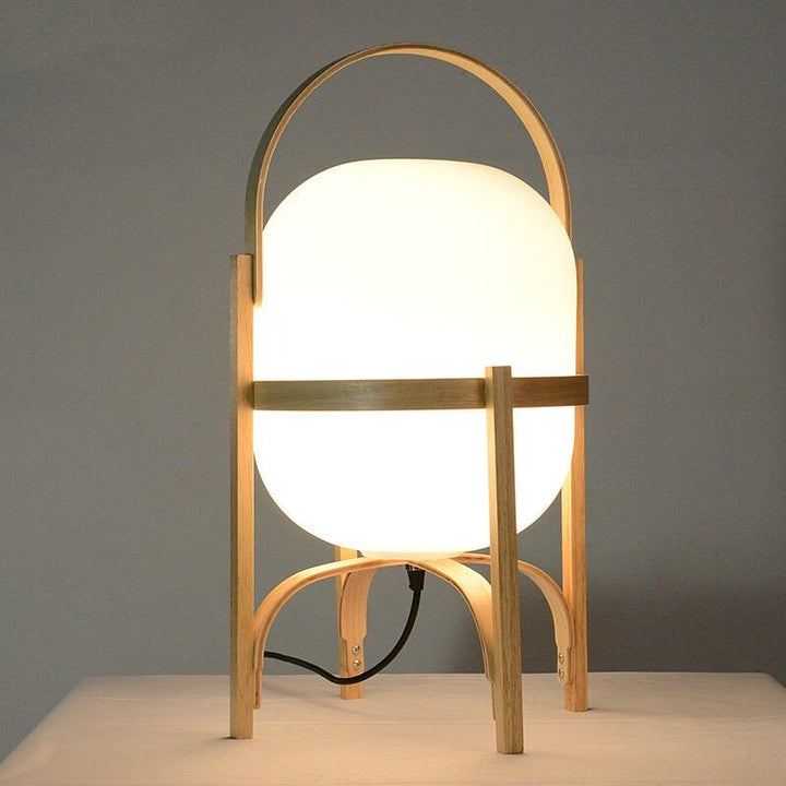 Japanese Wooden Bedside Lamp with Glass Stone Shade | Stornfield