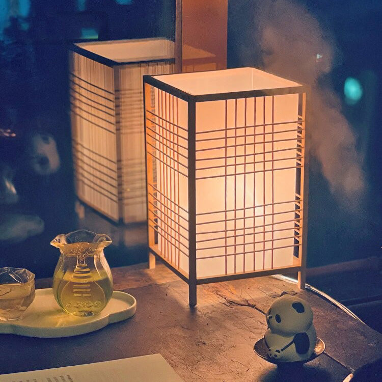 Japanese Square Bedside Lamp with Fabric Shade and Patterns | Stornfield