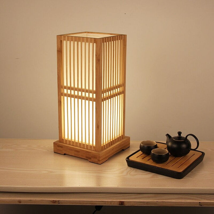 Tatami Japanese Bedside Lamp with Wooden Bamboo Shade | Stornfield