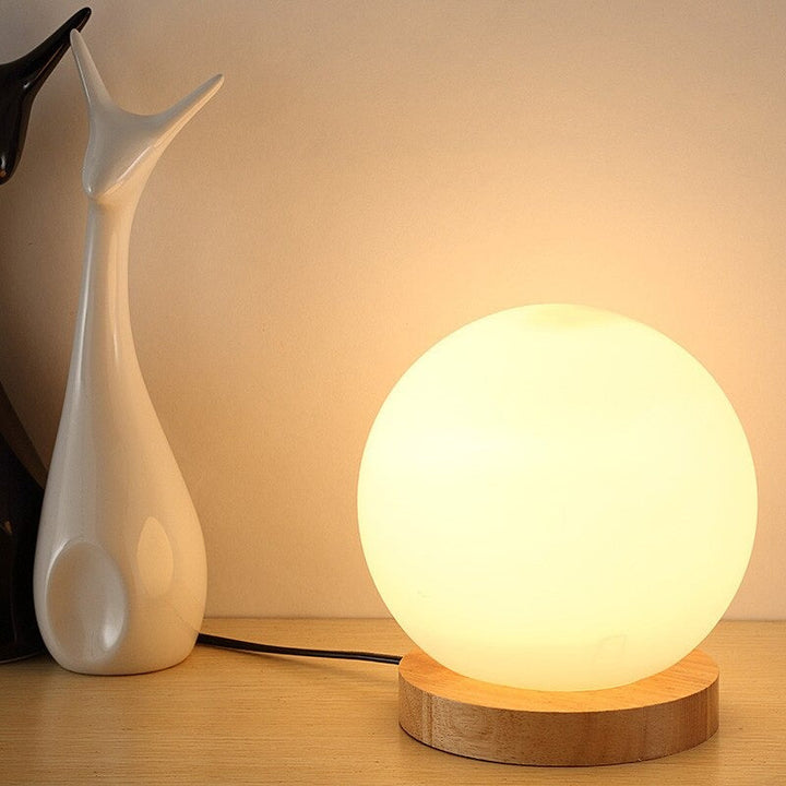 Round LED Bedside Lamp with Frosted Glass Shade and Wood Base | Stornfield