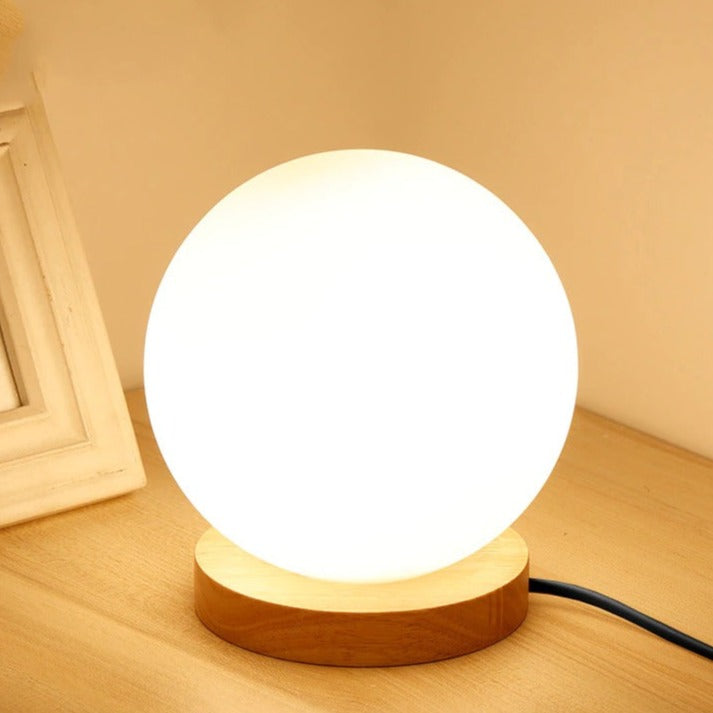 Round LED Bedside Lamp with Frosted Glass Shade and Wood Base | Stornfield