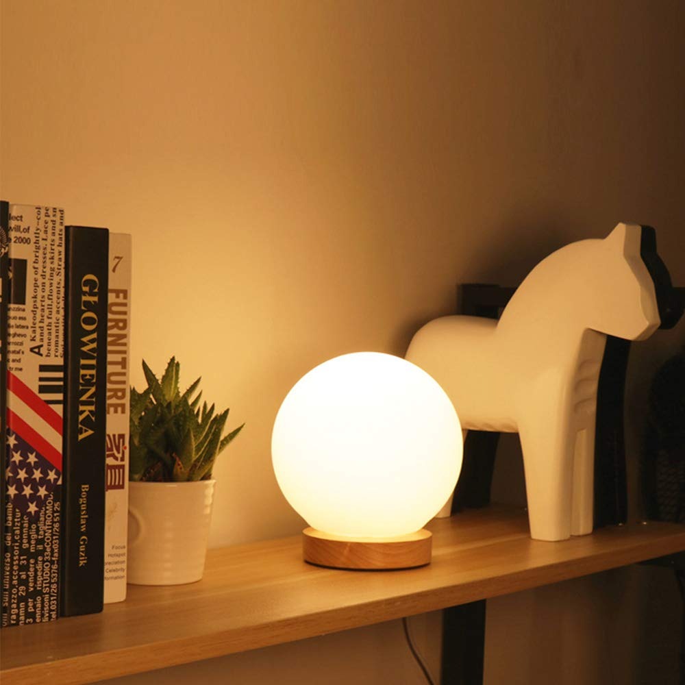 Round LED Bedside Lamp with Frosted Glass Shade and Wood Base | Stornfield