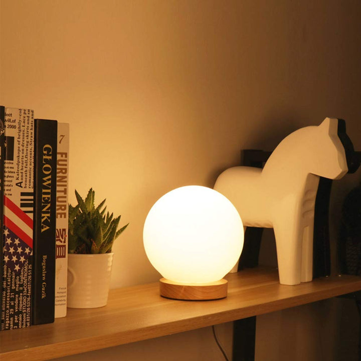 Round LED Bedside Lamp with Frosted Glass Shade and Wood Base | Stornfield