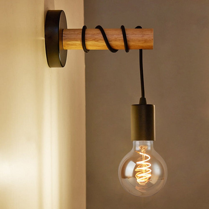 Black Industrial Wall Bedside Lamp with Wooden Base | Stornfield