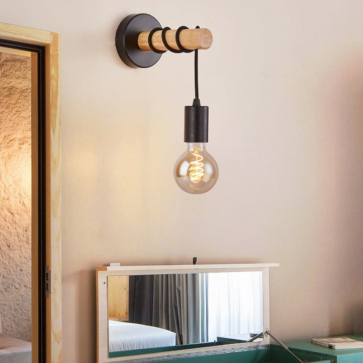 Black Industrial Wall Bedside Lamp with Wooden Base | Stornfield