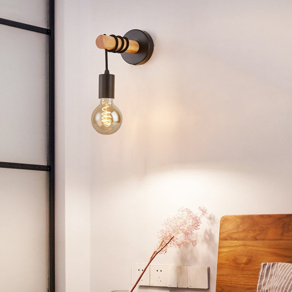 Black Industrial Wall Bedside Lamp with Wooden Base | Stornfield