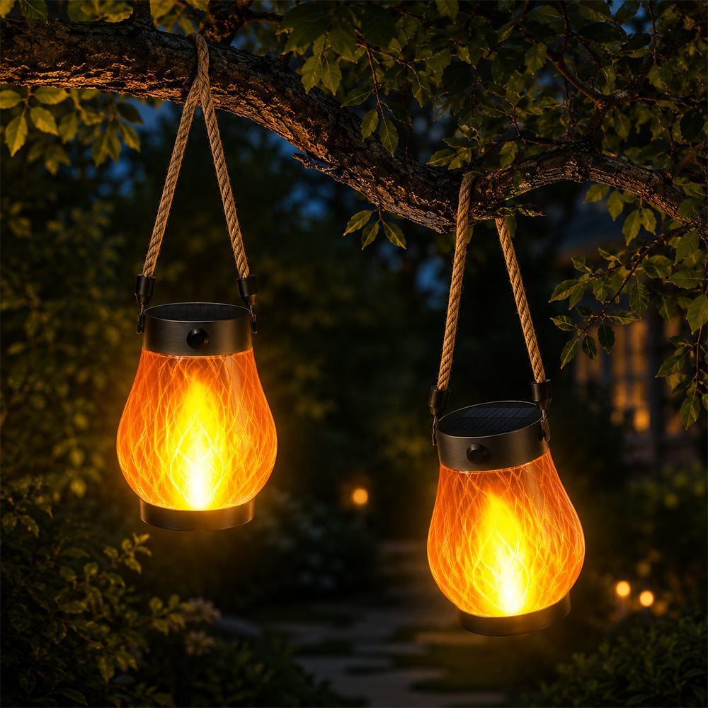 Solar Lantern Ø12 cm with Flame Effect Light and Hemp Rope | Stornfield