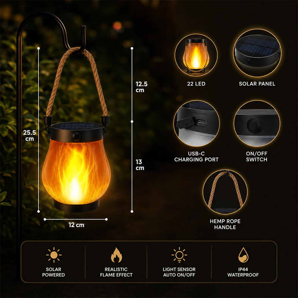 Solar Lantern Ø12 cm with Flame Effect Light and Hemp Rope | Stornfield