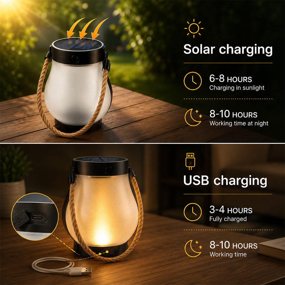 Solar Lantern Ø12 cm with Flame Effect Light and Hemp Rope | Stornfield