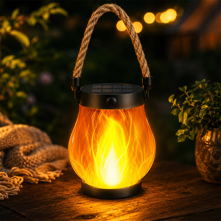 Solar Lantern Ø12 cm with Flame Effect Light and Hemp Rope | Stornfield