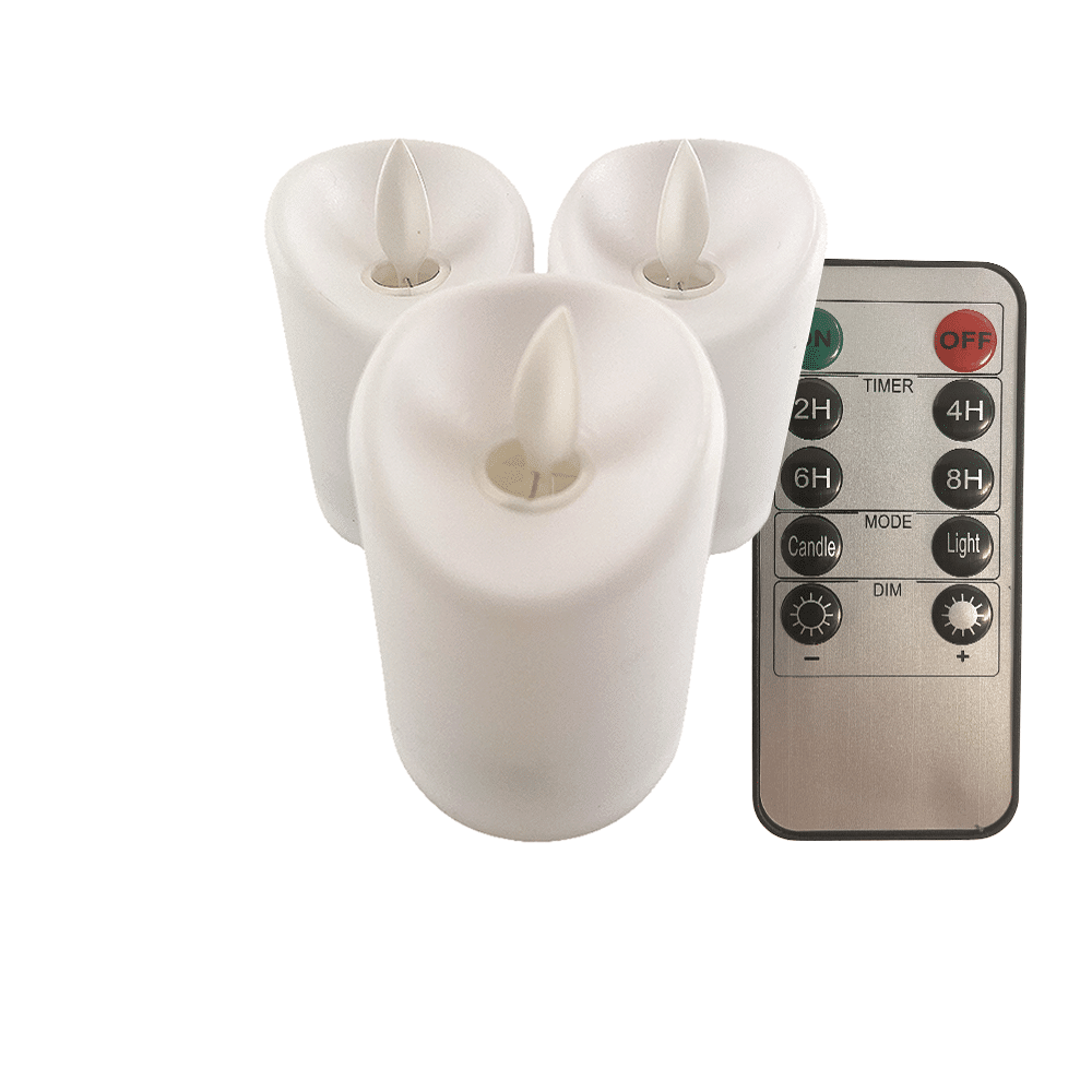 LED light white in plastic - with movable flame and remote control (3 pieces) | Stornfield