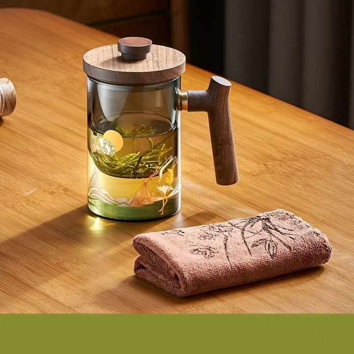 Glass tea cup with wooden handle - Heat resistant & with tea strainer | Ideal for home | Stornfield