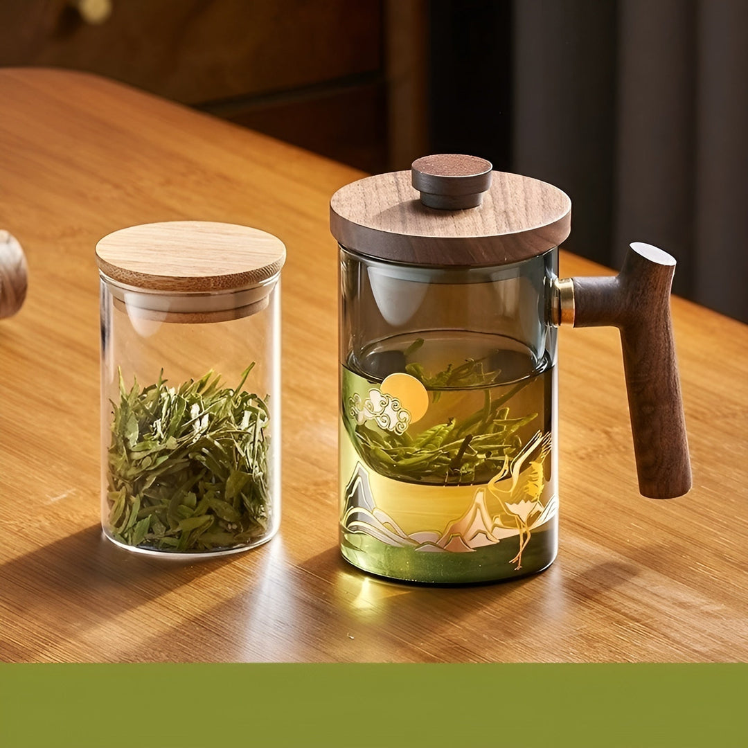 Glass tea cup with wooden handle - Heat resistant & with tea strainer | Ideal for home | Stornfield