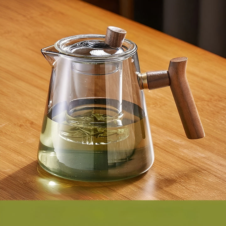Glass tea cup with wooden handle - Heat resistant & with tea strainer | Ideal for home | Stornfield