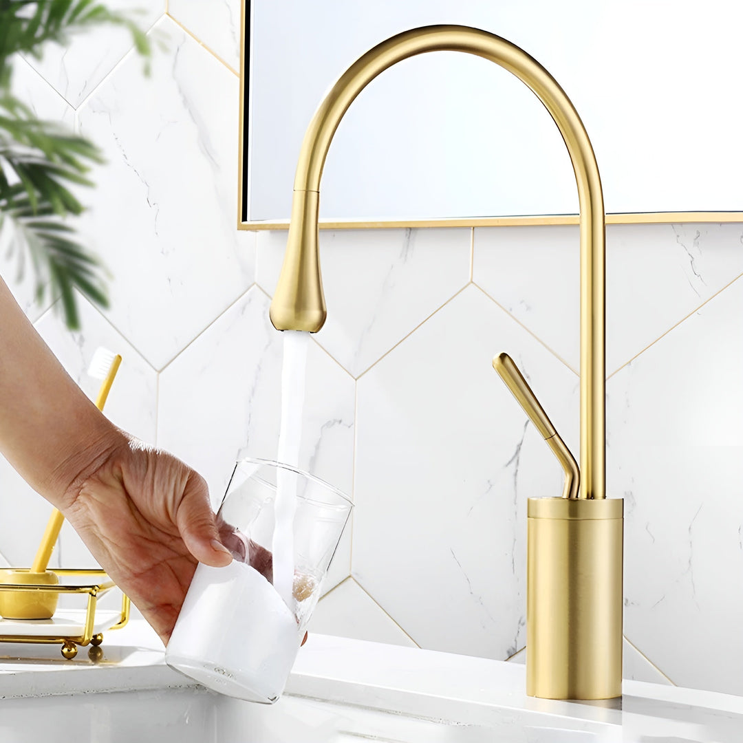 Washbasin tap in brushed look – countertop tap, hot-cold mixer, brass fitting for the living area | Stornfield