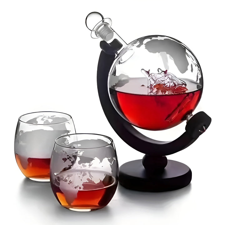 Whisky Decanter Set in Globe Shape – Lead-Free Carafe with Wooden Stand | Includes 2 Whisky Glasses | Stornfield