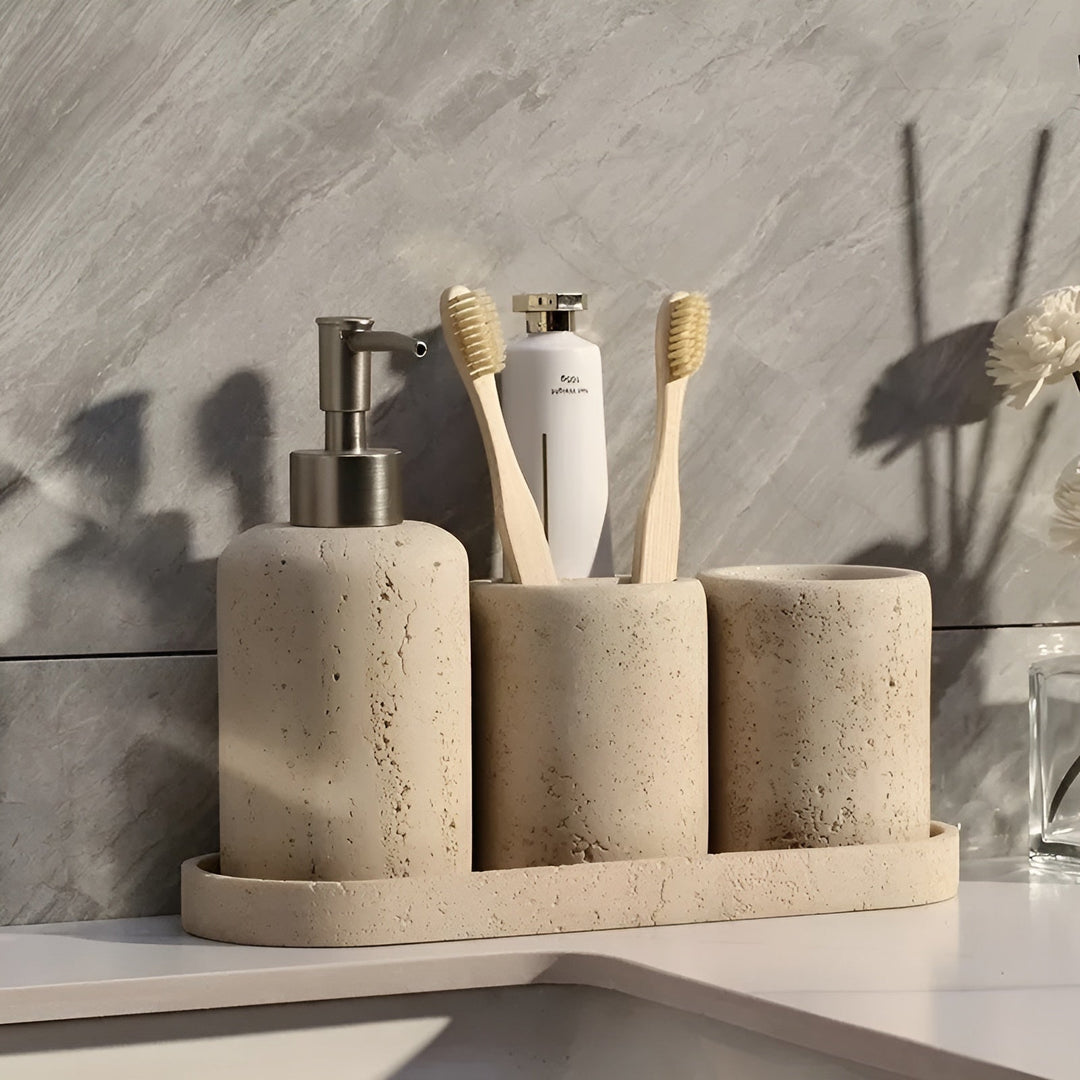 Natural stone toothbrush holder – with soap dispenser and shelf | Elegant bathroom accessories made of travertine | Stornfield