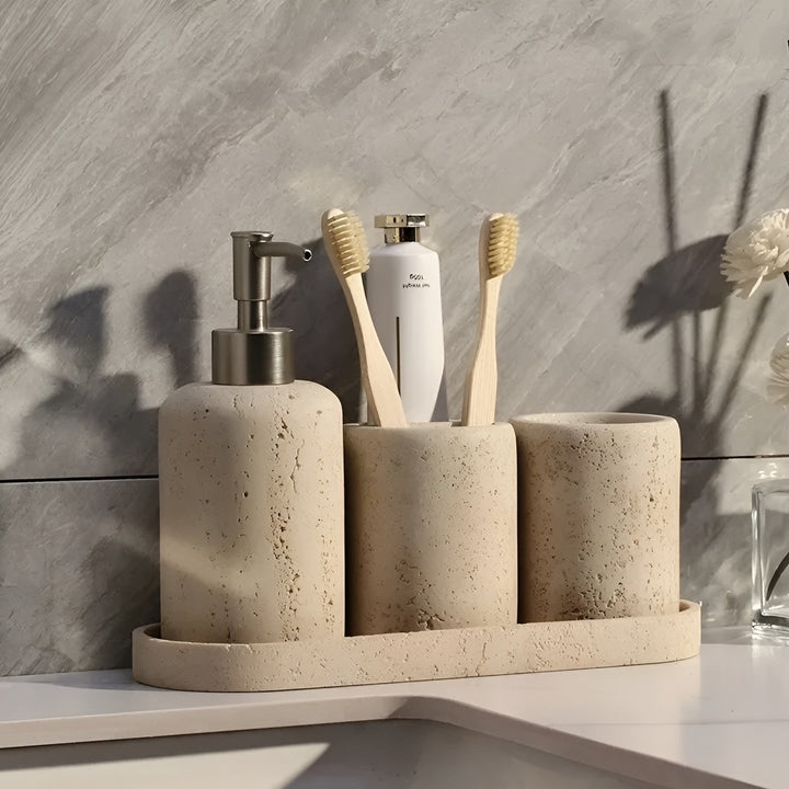 Natural stone toothbrush holder – with soap dispenser and shelf | Elegant bathroom accessories made of travertine | Stornfield