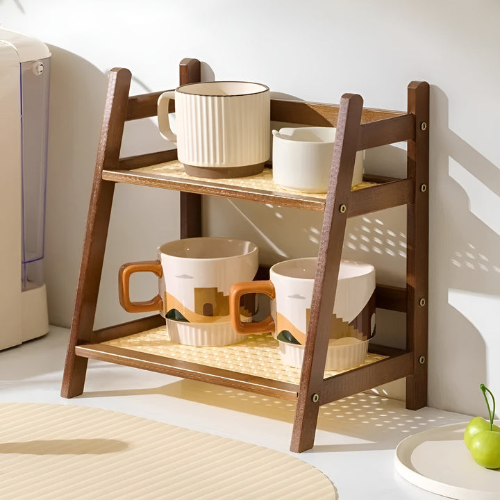Bamboo imitation kitchen shelf – 2-tier organizer for cups & accessories | Stornfield